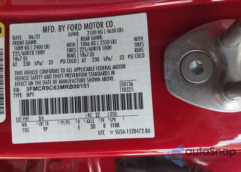 2021 Ford Bronco Sport Outer Banks из США, поврежденный, VIN 3FMCR9C63MRB00151